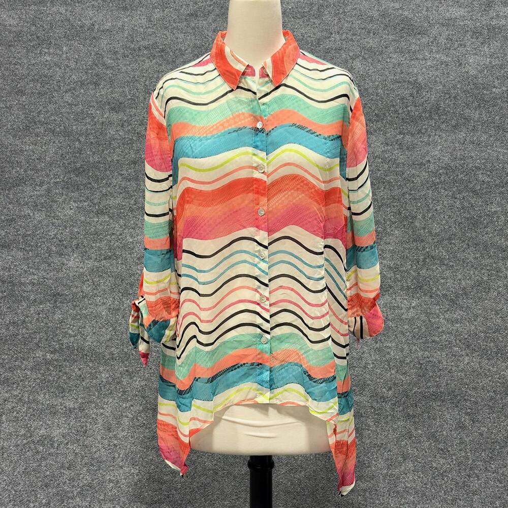 Chico's Blouse Womens 2P Petite Multicolor Stripe Sheer Button Front Tunic Top